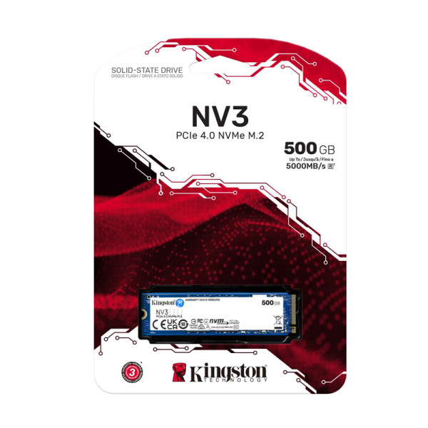 Unidad de Estado Sólido Kingston NV3, 500GB, M.2 2280, NVMe PCIe 4.0 x4, Lectura 6000MB/s Escritura 5000MB/s (SNV3S/500G)